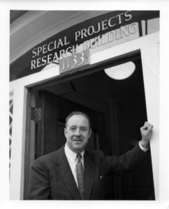 Thomas Francis in front of the Special Projects Research Building where the Poliomyelitis Vaccine Evaluation Center was housed