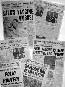 1955 newspaper headlines on the development of an effective polio vaccine