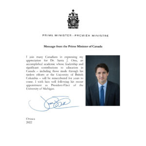 Letter of congratulations from Justin Trudeau, Prime Minister of Canada