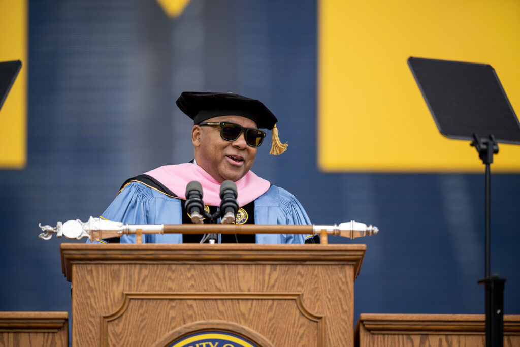 Wynton Marsalis, jazz musician and managing and artistic director of Jazz at Lincoln Center delivers the commencement address at the 2023 Spring Commencement at Michigan Stadium.